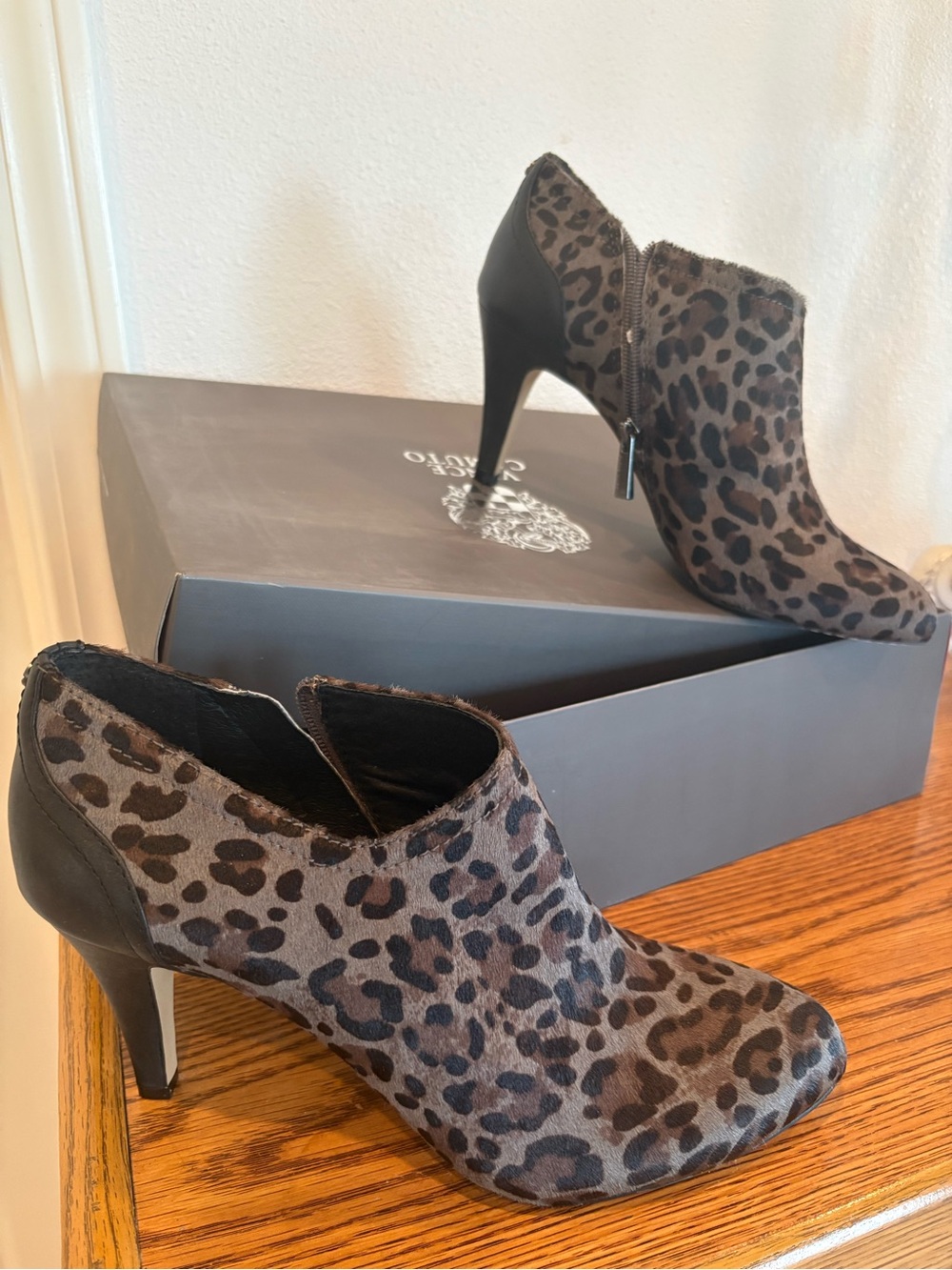 Vince Camuto Leopard Print Ankle Booties in Brown and Black